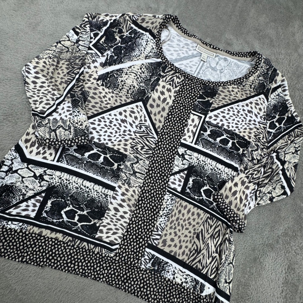 Dana Buchman Patchwork Animal Print Top Womens XL Black Good 3/4 Sleeve Vintage‎